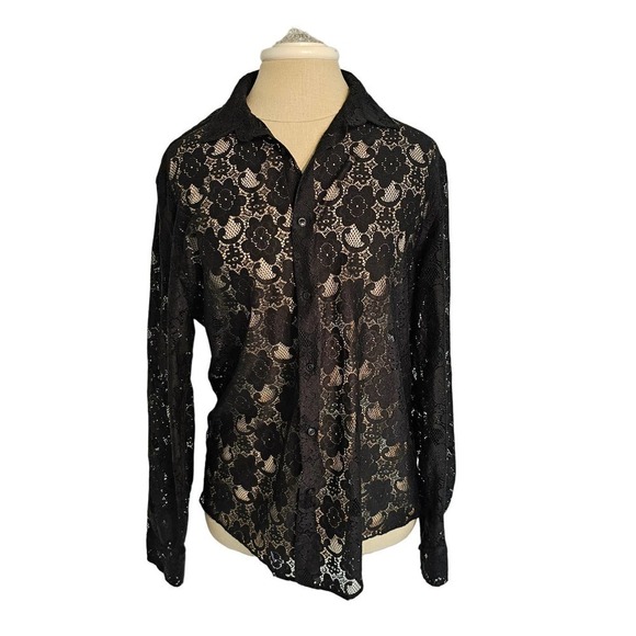 Zara lace long sleeve Floral black Button Down Sz m - Picture 1 of 5